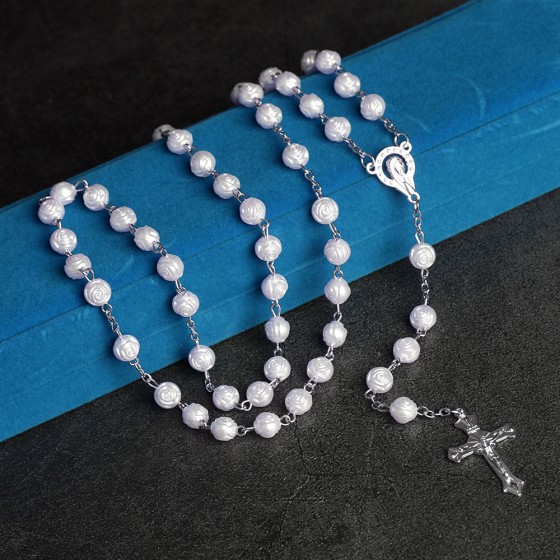 Christian Jewelry 8mm Rose Beads Religious Catholic Rosary Enamel Crucifix Pendant Fashion Beaded Necklace