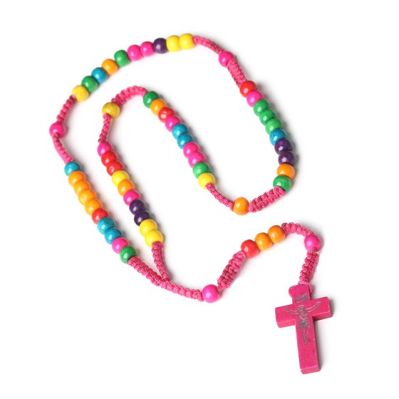 Catholic Wood Rosary Zinc Alloy Fittings Necklace Religious Jesus Pendant Beads Religious Jewelry Wholesale