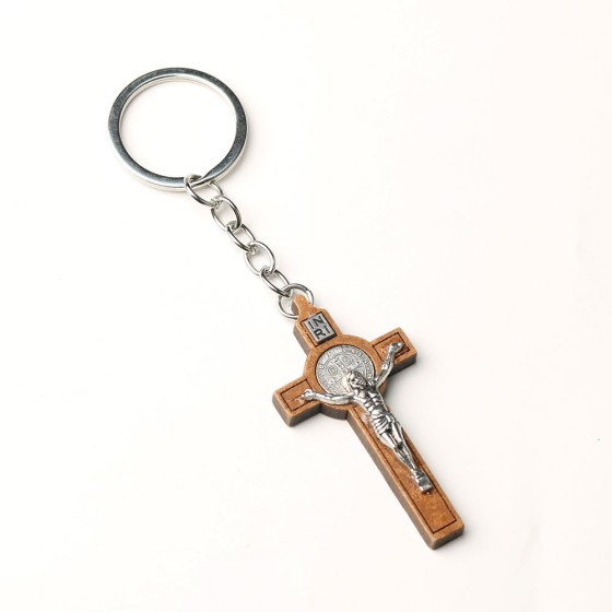 Wood Catholic Crucifix Keychain with Jesus INRI, Wooden Religious Cross Pendant Gift