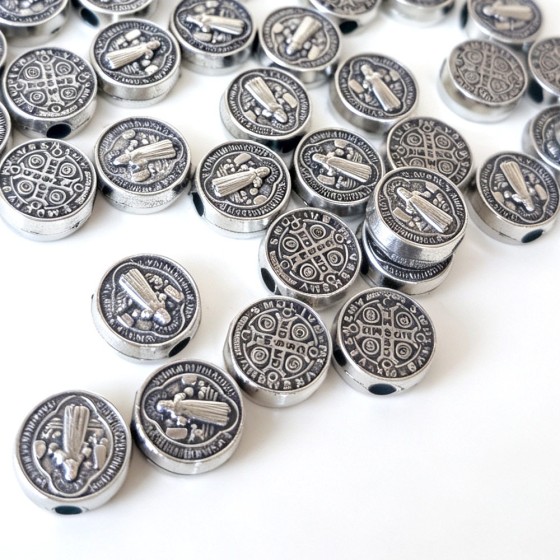 Vintage Saint Benedict rosary bracelet and necklace jewelry parts, perforated round metal discs
