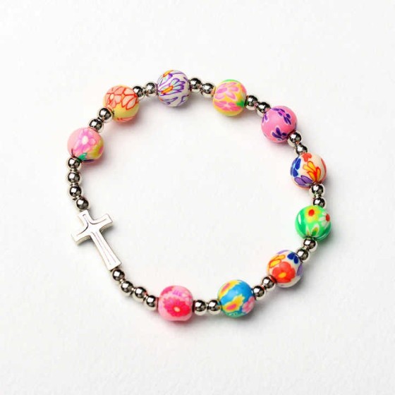 Catholic Religious Polymer Clay Cross Bracelet Baptism Holy Communion Colorful 8mm Beads Rosary Bracelet Jewelry Gift