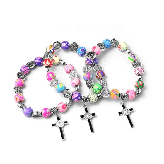 Catholic Communion of Rosary Colored Soft Pottery Cross Beads Baptismal Prayer Beads Jesus Pendant Bracelet Jewelry Church Gifts