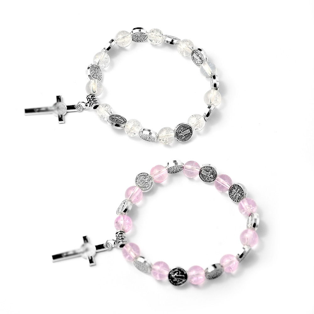 Catholic Rosary Bracelet 8mm Crystal Bead Hand Ornament Cross Rosary Hand String Christian Communion Gift Wholesale