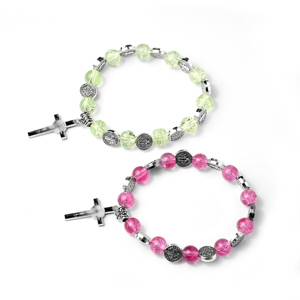Catholic Rosary Bracelet 8mm Crystal Bead Hand Ornament Cross Rosary Hand String Christian Communion Gift Wholesale