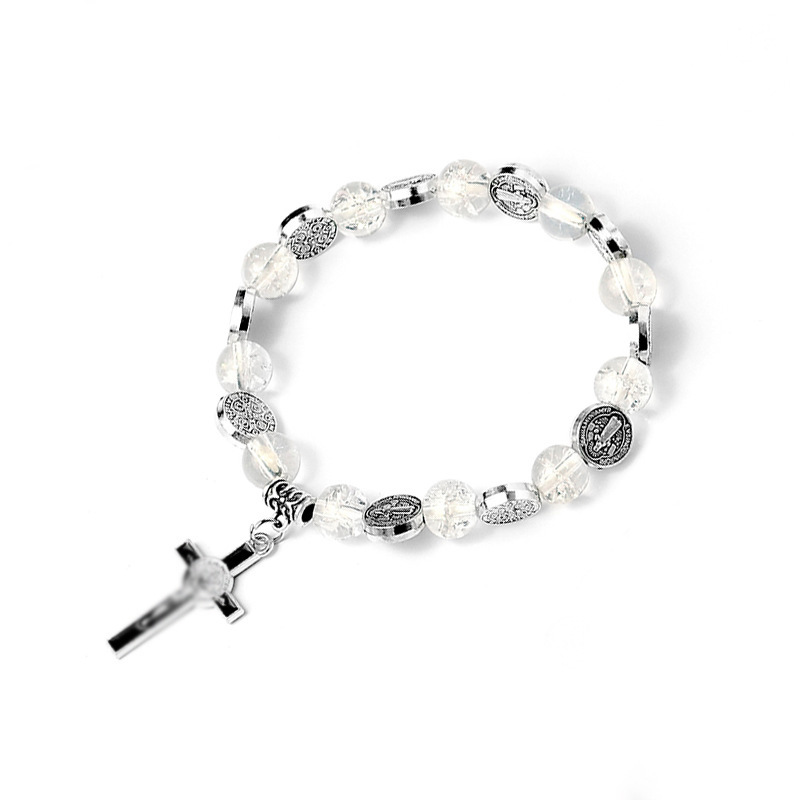 Catholic Rosary Bracelet 8mm Crystal Bead Hand Ornament Cross Rosary Hand String Christian Communion Gift Wholesale