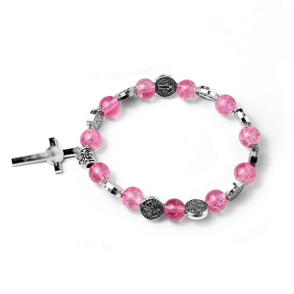 Catholic Rosary Bracelet 8mm Crystal Bead Hand Ornament Cross Rosary Hand String Christian Communion Gift Wholesale