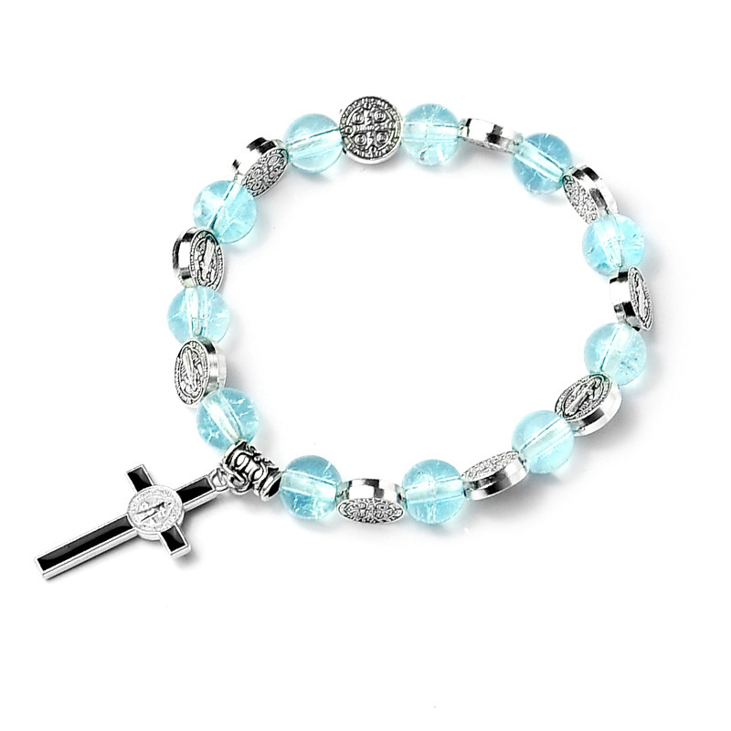 Catholic Rosary Bracelet 8mm Crystal Bead Hand Ornament Cross Rosary Hand String Christian Communion Gift Wholesale