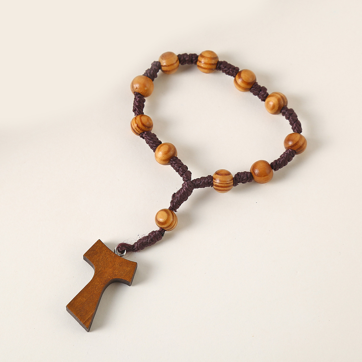 Catholic Natural Cross Rosary Beads Wood Jewelry Woven Knot Counting Wood Grain Beads 8mm Church Jewelry Wholesale