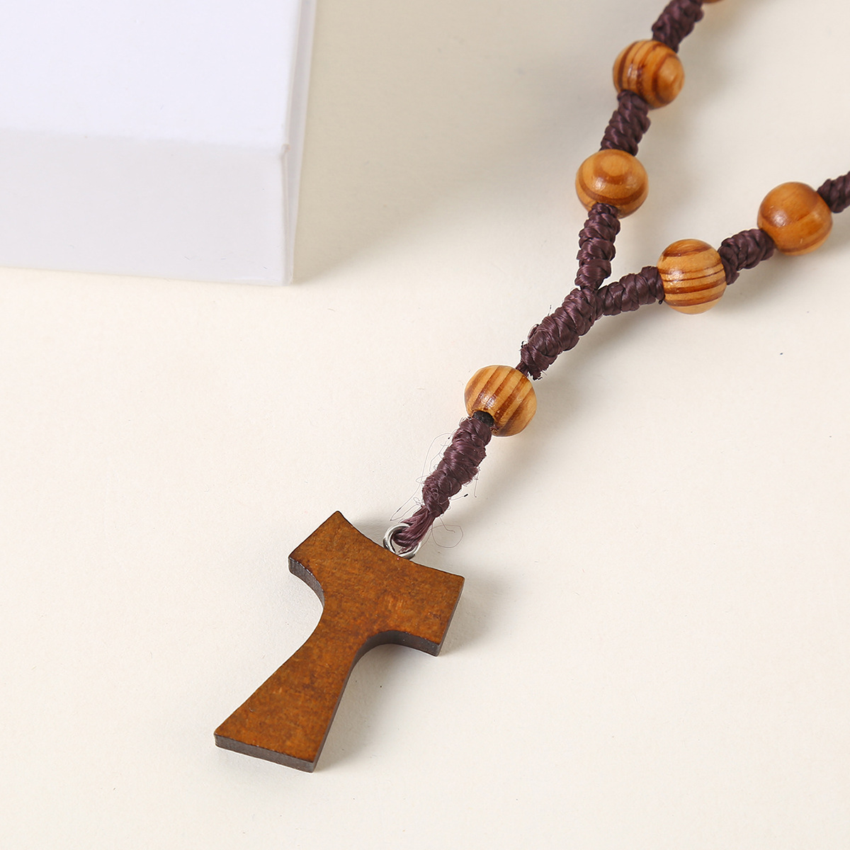 Catholic Natural Cross Rosary Beads Wood Jewelry Woven Knot Counting Wood Grain Beads 8mm Church Jewelry Wholesale