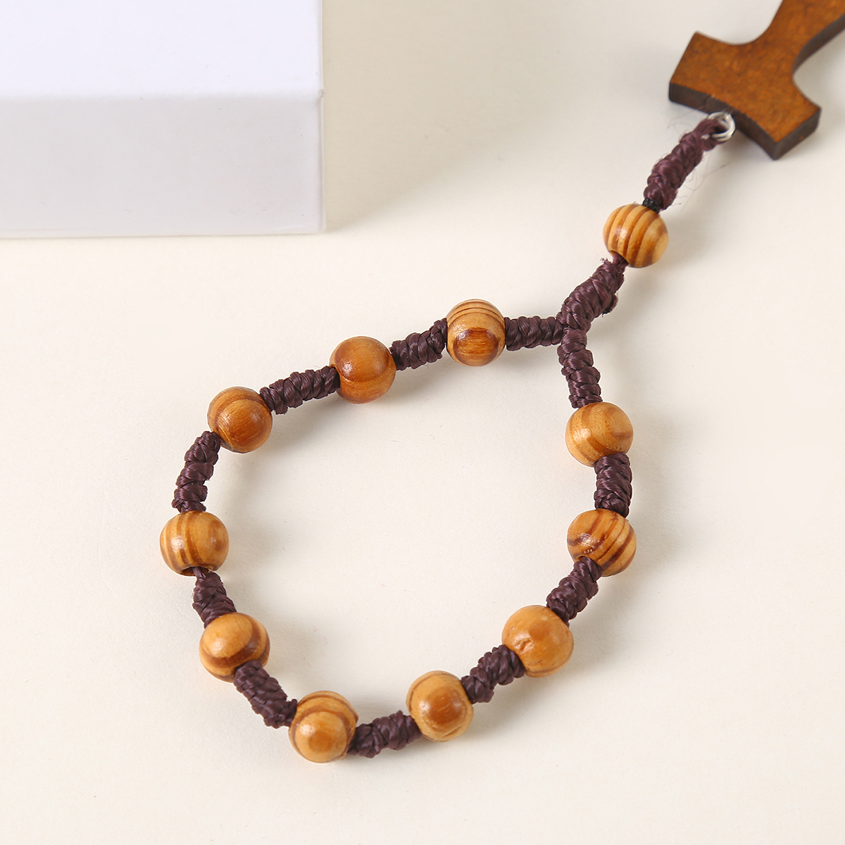 Catholic Natural Cross Rosary Beads Wood Jewelry Woven Knot Counting Wood Grain Beads 8mm Church Jewelry Wholesale