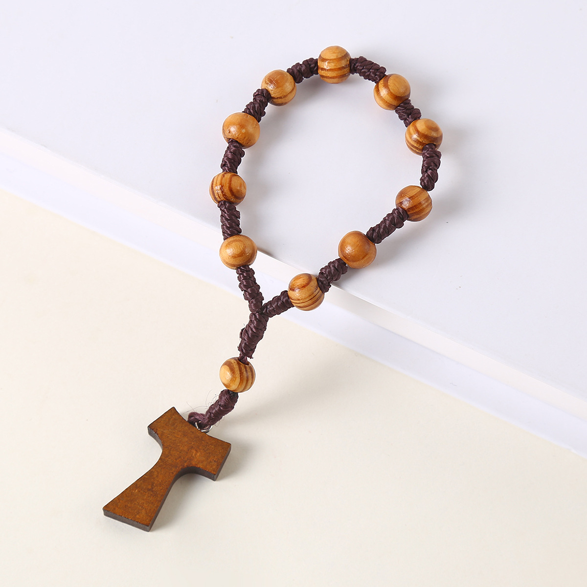 Catholic Natural Cross Rosary Beads Wood Jewelry Woven Knot Counting Wood Grain Beads 8mm Church Jewelry Wholesale