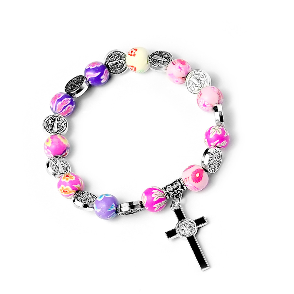 Catholic Communion of Rosary Colored Soft Pottery Cross Beads Baptismal Prayer Beads Jesus Pendant Bracelet Jewelry Church Gifts