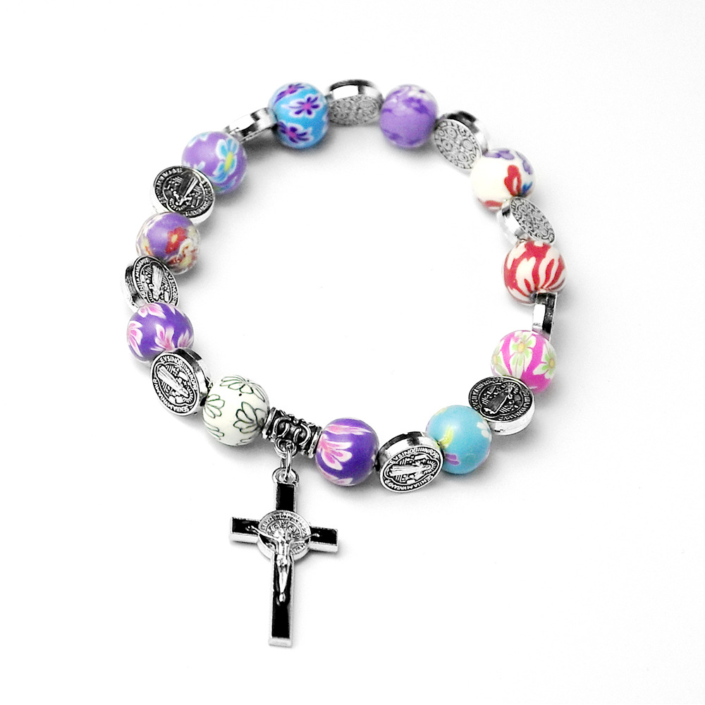 Catholic Communion of Rosary Colored Soft Pottery Cross Beads Baptismal Prayer Beads Jesus Pendant Bracelet Jewelry Church Gifts