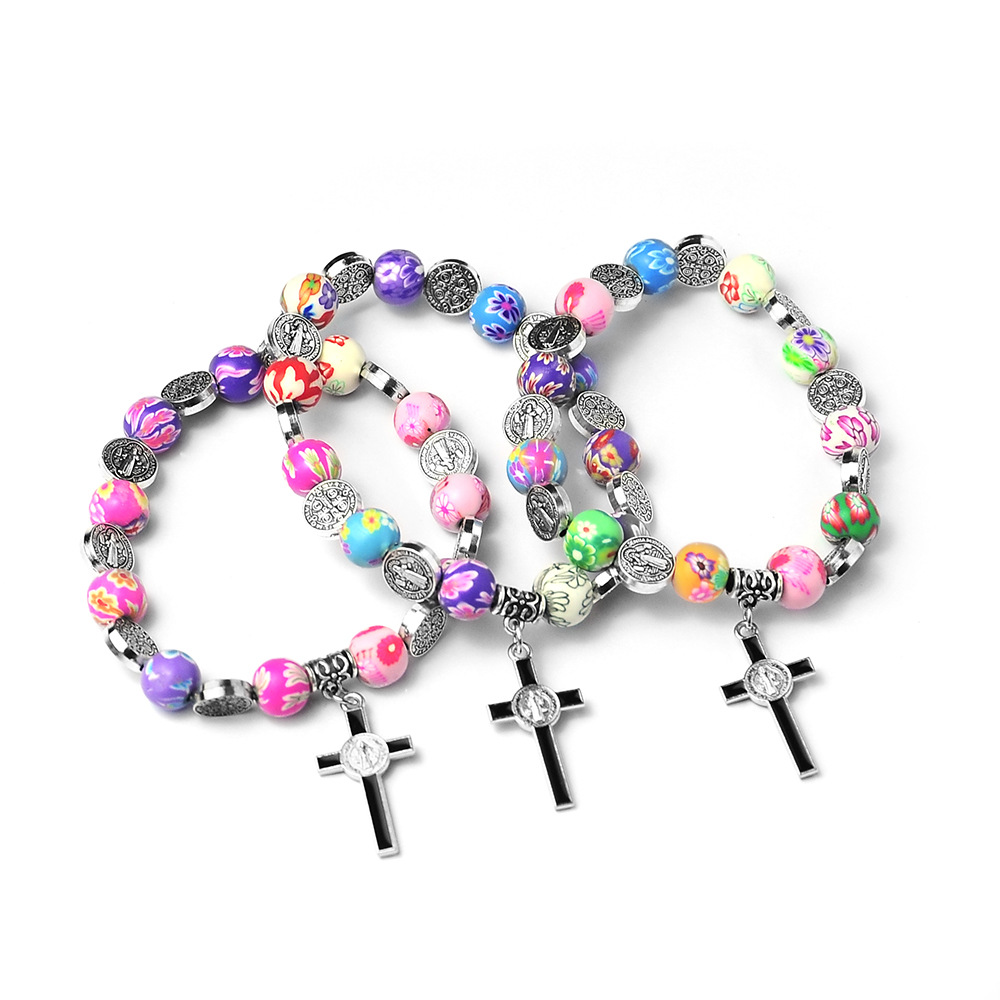 Catholic Communion of Rosary Colored Soft Pottery Cross Beads Baptismal Prayer Beads Jesus Pendant Bracelet Jewelry Church Gifts