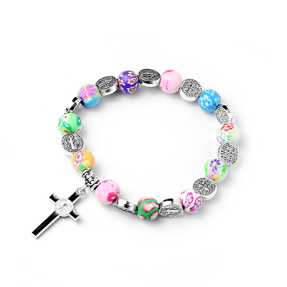 Catholic Communion of Rosary Colored Soft Pottery Cross Beads Baptismal Prayer Beads Jesus Pendant Bracelet Jewelry Church Gifts
