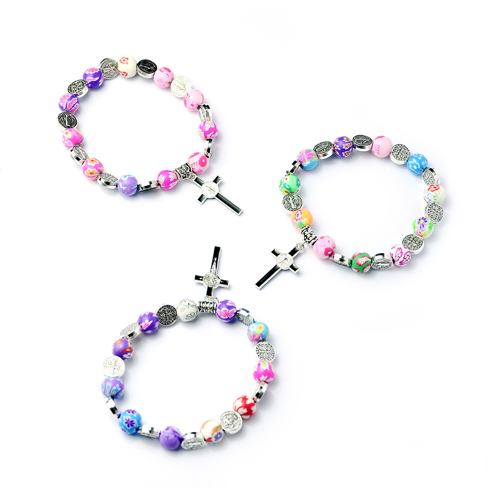 Catholic Communion of Rosary Colored Soft Pottery Cross Beads Baptismal Prayer Beads Jesus Pendant Bracelet Jewelry Church Gifts